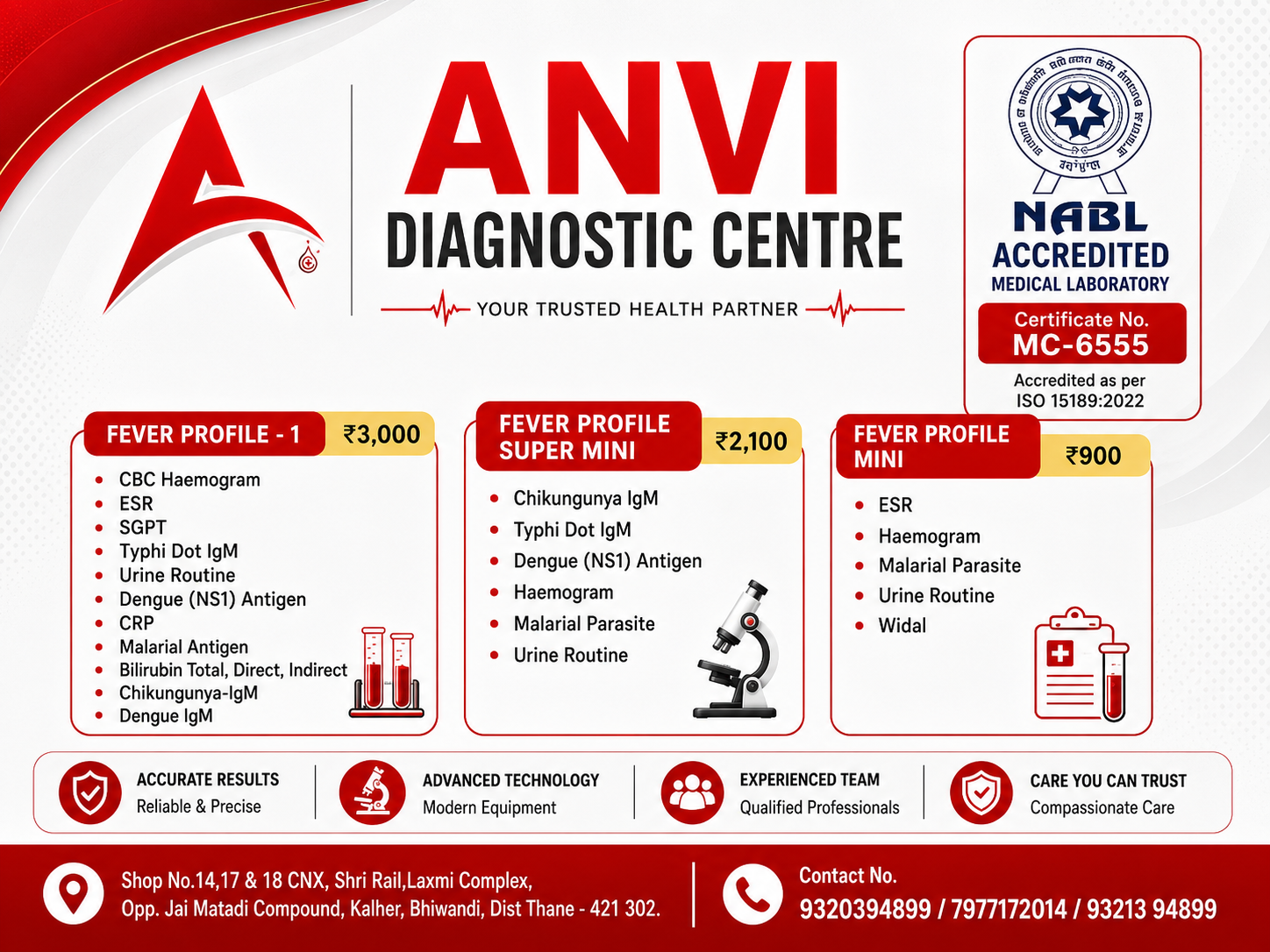 Fever Profile packages: Fever Profile 1 at ₹3,000, Fever Profile Super Mini at ₹2,100, and Fever Profile Mini at ₹900. Includes NABL accredited lab details and contact numbers.
